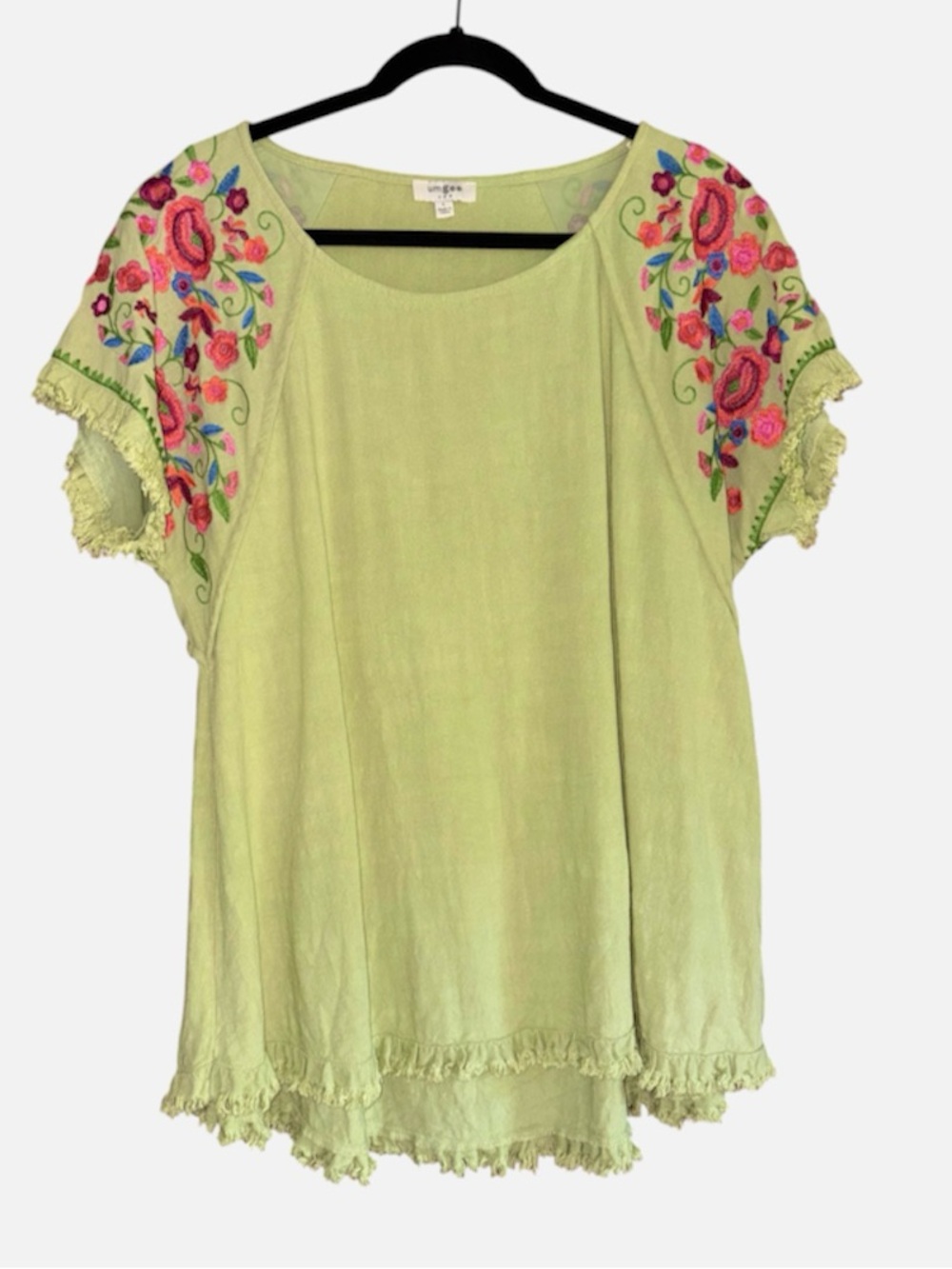 Umgee Embroidered Lime Green Short Sleeve Tunic Top Like New Size Large So Cute